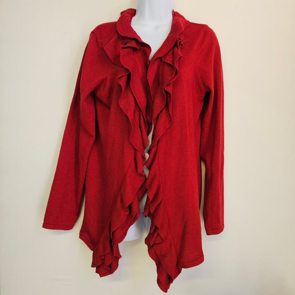 Grace Elements Red Open Front Cardigan Size M Ruffle Front Feminine‎ Romantic